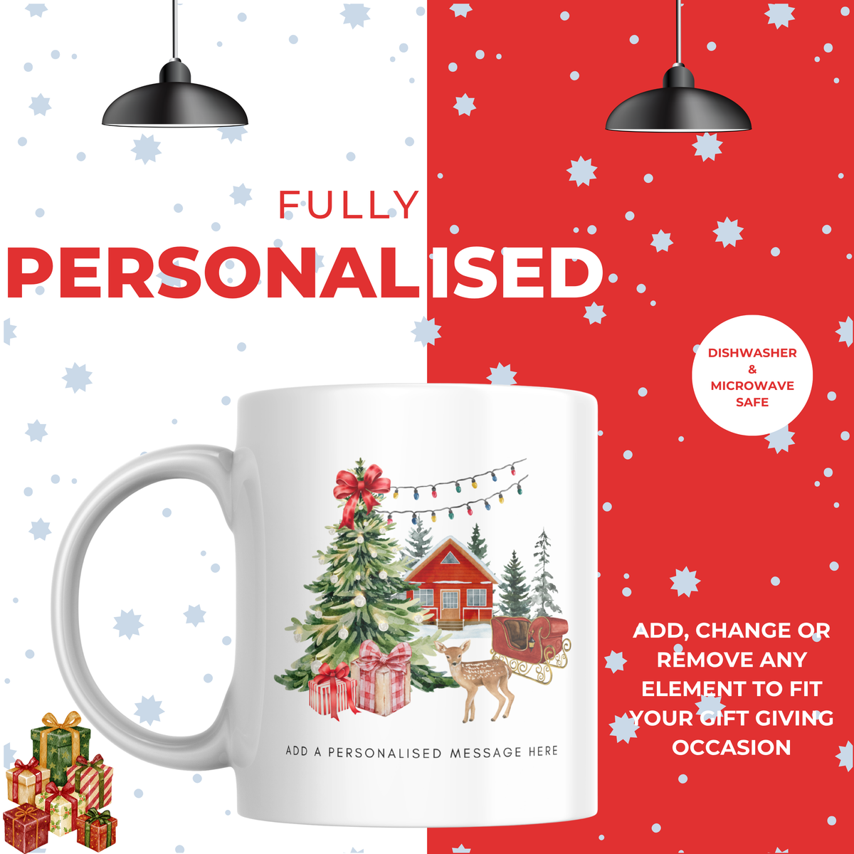 Woodland Cabin and Reindeer Christmas Mug – personalisation information
