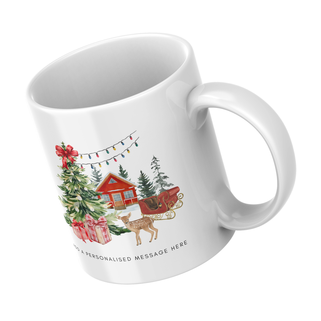 Woodland Cabin and Reindeer Christmas Mug – angled view
