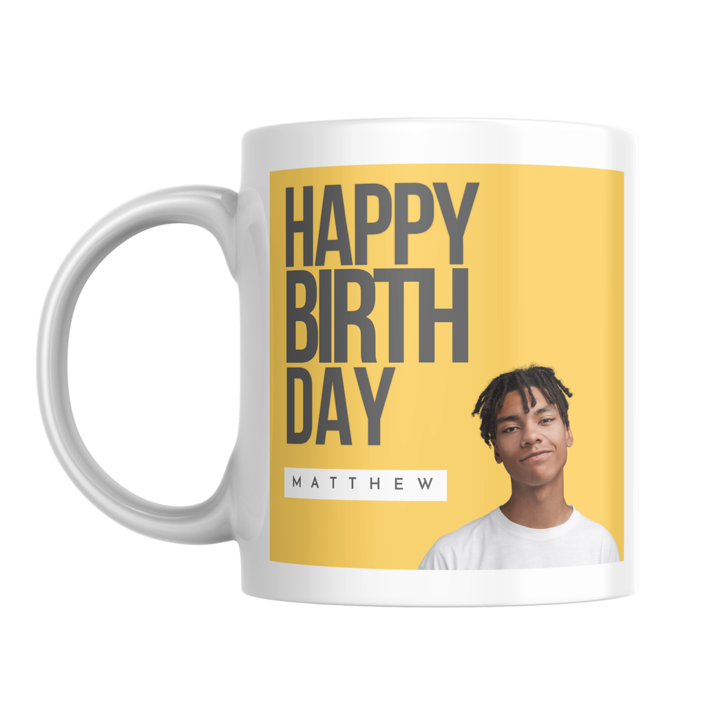 Yellow Birthday Photo Mug – front view with example photo