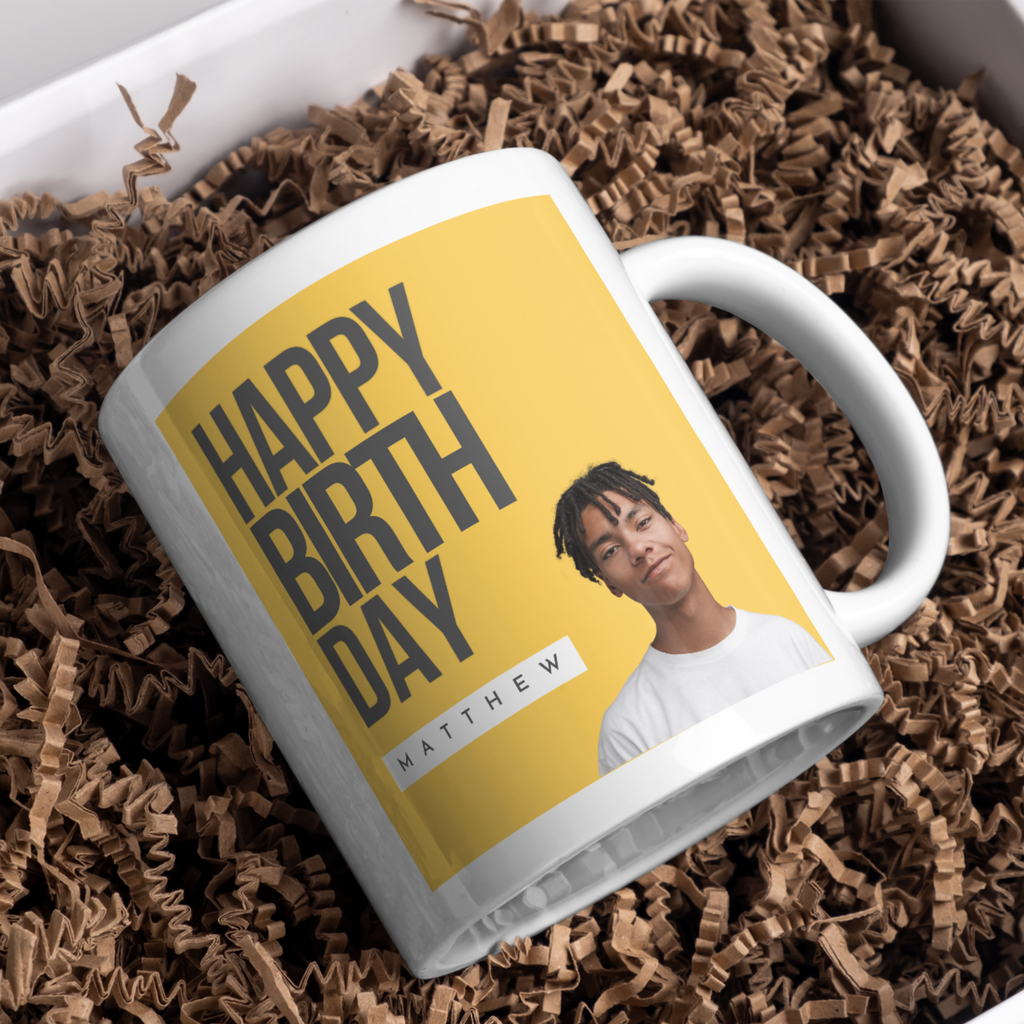 Yellow Birthday Photo Mug – gift presentation on paper packing