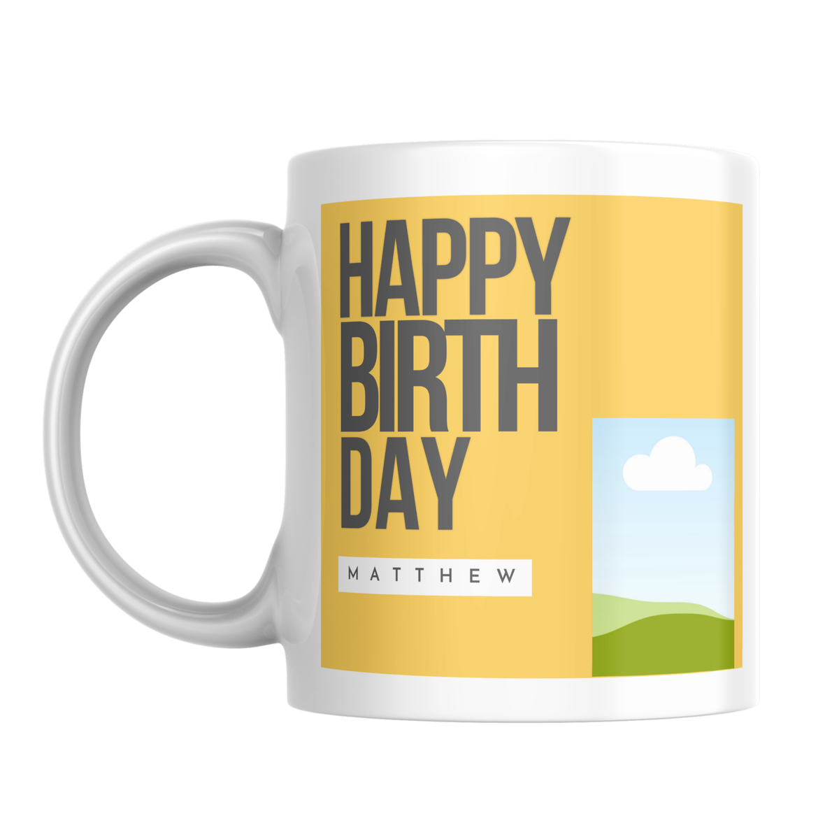 Yellow Birthday Photo Mug – front view with photo placeholder