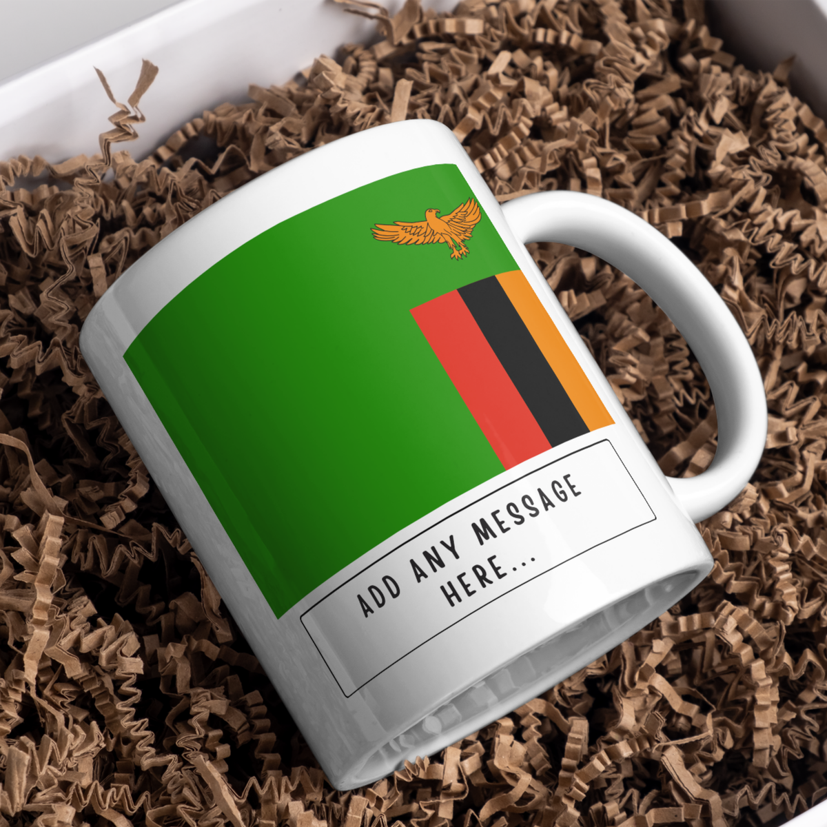 Personalised Zambia flag mug – gift presentation on paper packing