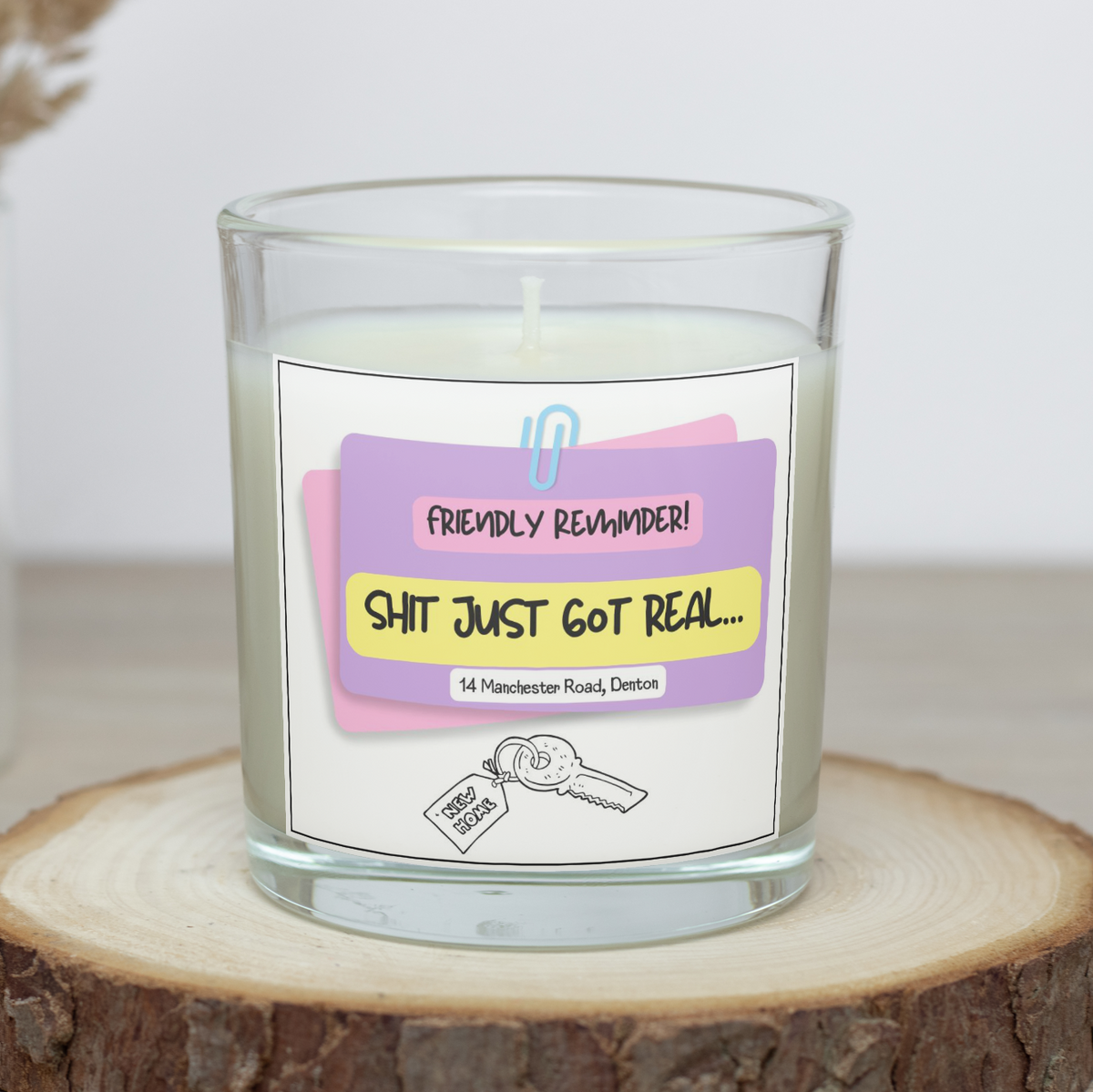 Personalised rude new home candle with address and key design