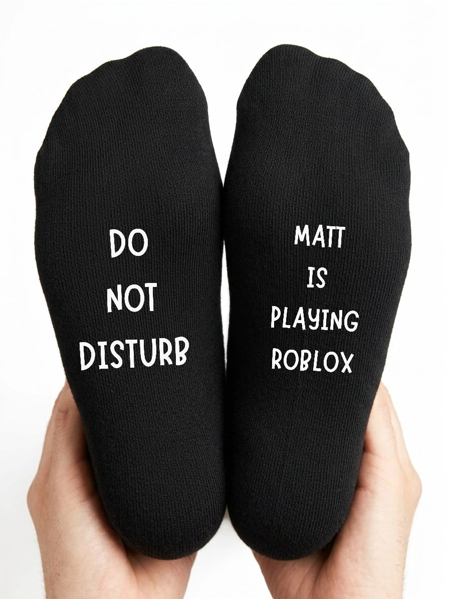 Playing Roblox Socks – Personalised Gamer Gift – close-up of the wording