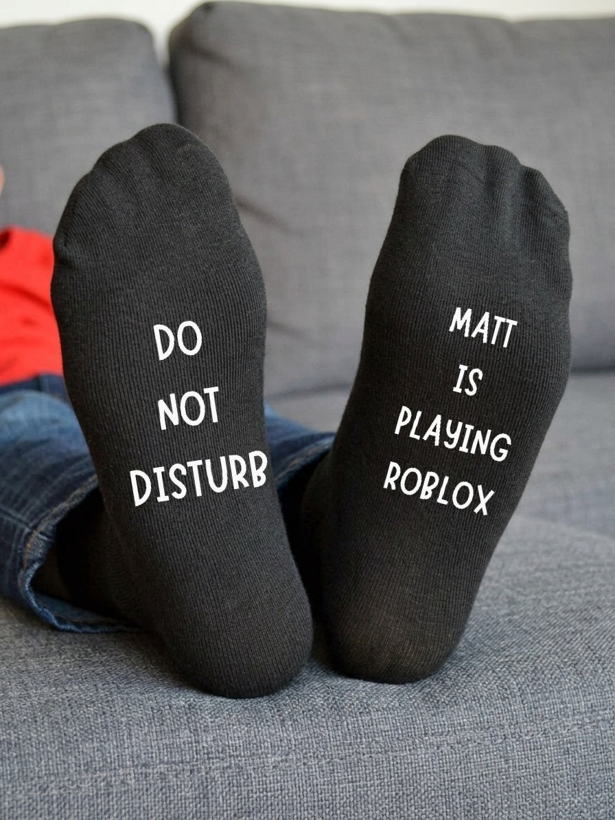 Playing Roblox Socks – Personalised Gamer Gift – sofa lifestyle view