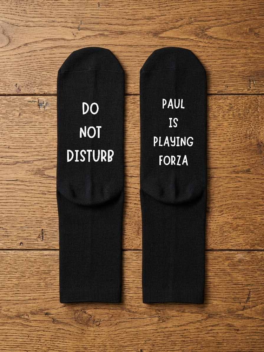 Playing Forza Socks – Personalised Racing Gamer Gift – flat lay