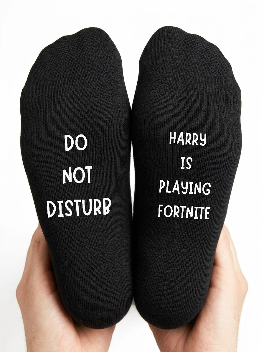 Playing Fortnite Socks – Personalised Gamer Gift – close-up of the wording