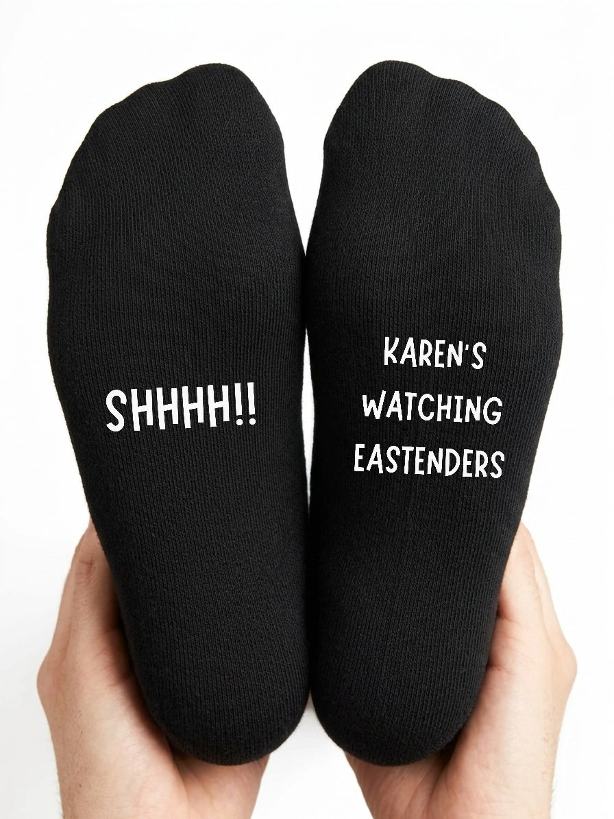 Watching EastEnders Socks – Personalised TV Fan Gift – close-up of the wording