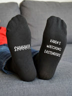 Watching EastEnders Socks – Personalised TV Fan Gift – sofa lifestyle view
