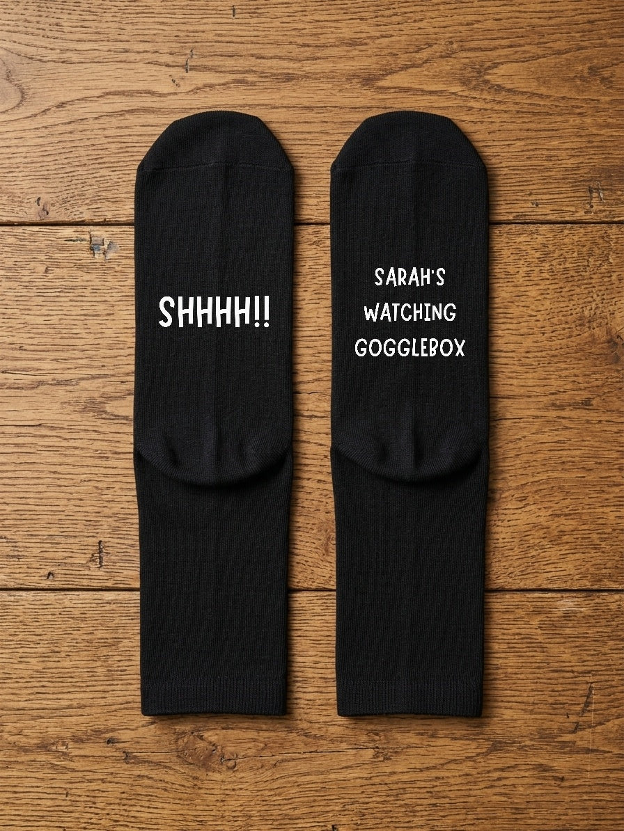 Watching Gogglebox Socks – Personalised TV Fan Gift – flat lay