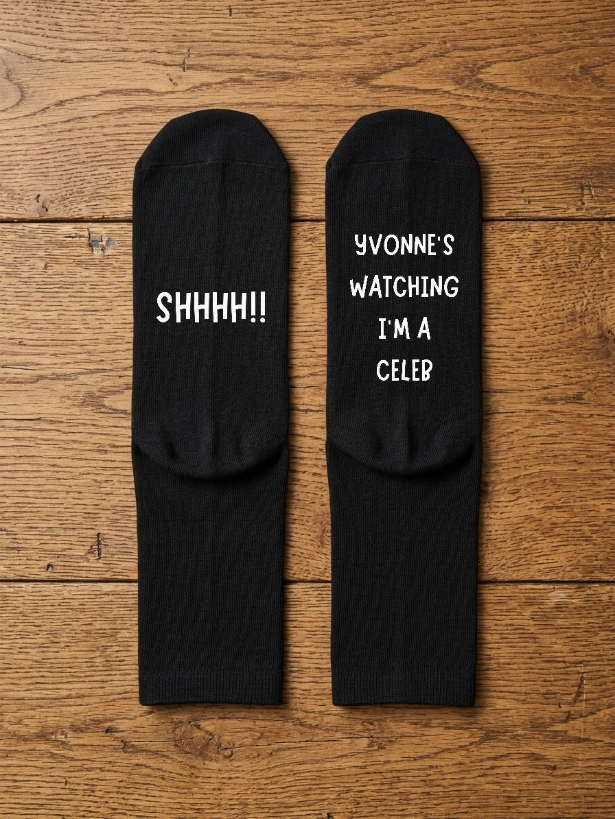 Watching I’m a Celeb Socks – Personalised TV Fan Gift – flat lay