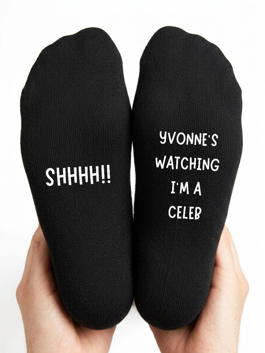 Watching I’m a Celeb Socks – Personalised TV Fan Gift – close-up of the wording