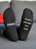 Watching I’m a Celeb Socks – Personalised TV Fan Gift – sofa lifestyle view