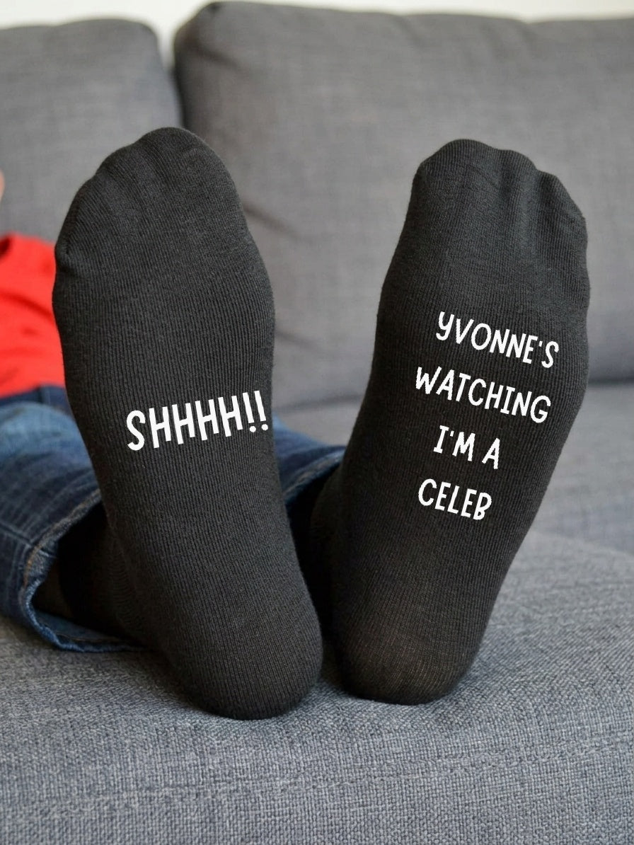 Watching I’m a Celeb Socks – Personalised TV Fan Gift – sofa lifestyle view