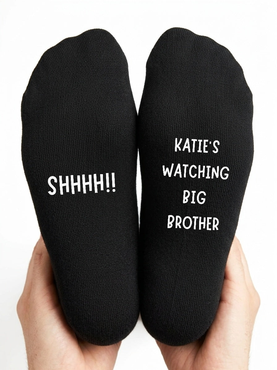 Watching Big Brother Socks – Personalised TV Fan Gift – close-up of the wording