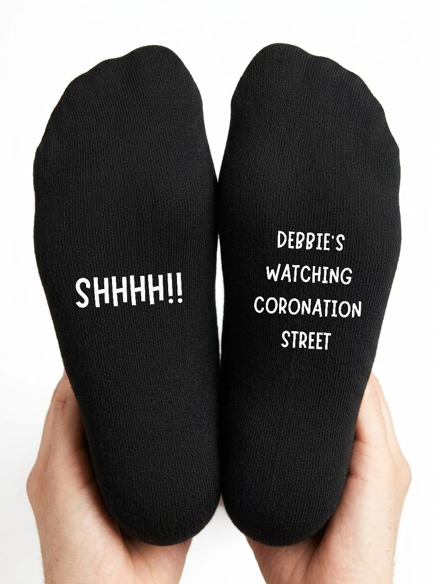 Watching Coronation Street Socks – Personalised TV Gift – close-up of the wording