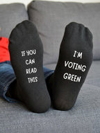 I’m Voting Green Socks – Custom Message Novelty Gift – sofa lifestyle view