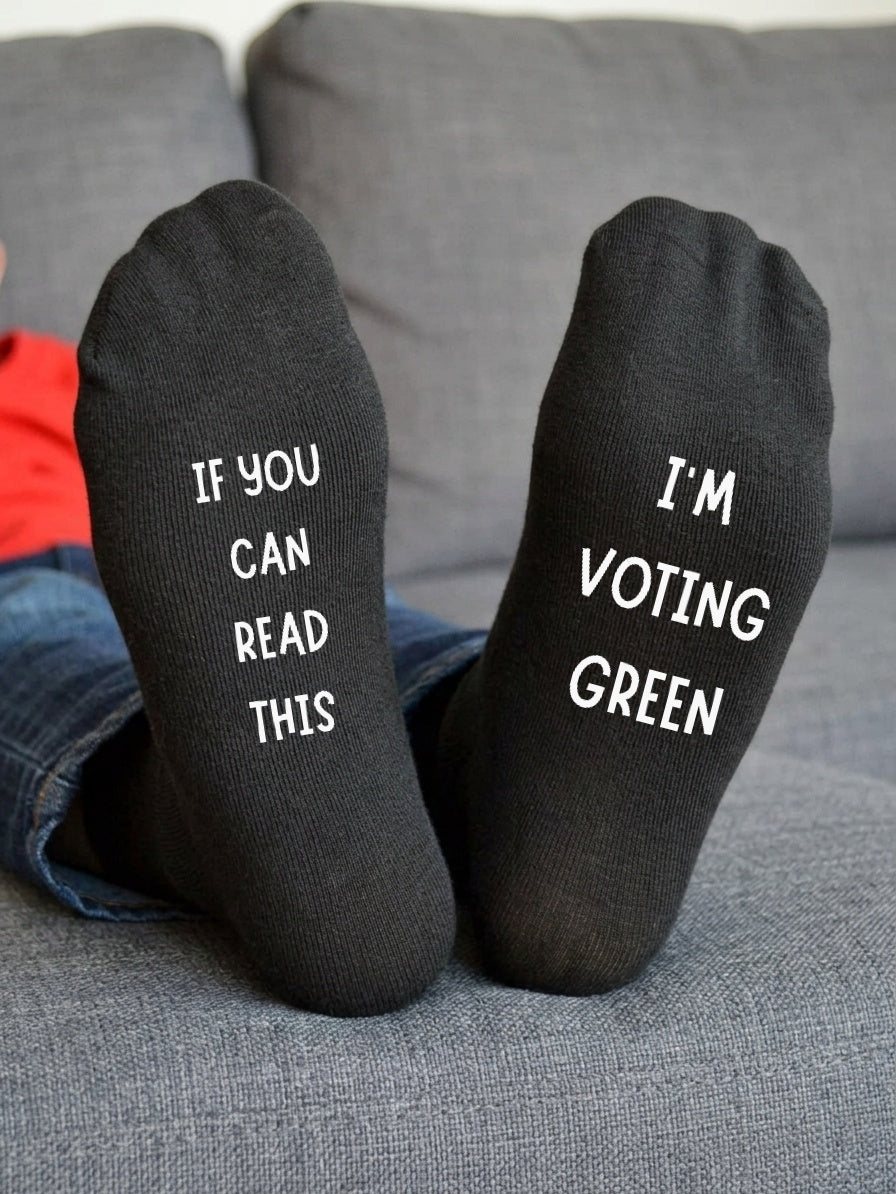I’m Voting Green Socks – Custom Message Novelty Gift – sofa lifestyle view