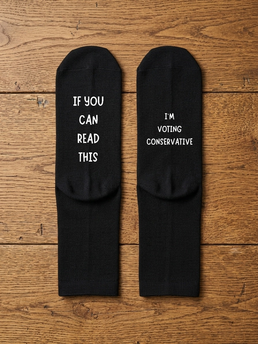 I’m Voting Conservative Socks – Custom Message Novelty Gift – flat lay