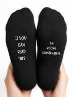 I’m Voting Conservative Socks – Custom Message Novelty Gift – close-up of the wording