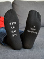 I’m Voting Conservative Socks – Custom Message Novelty Gift – sofa lifestyle view