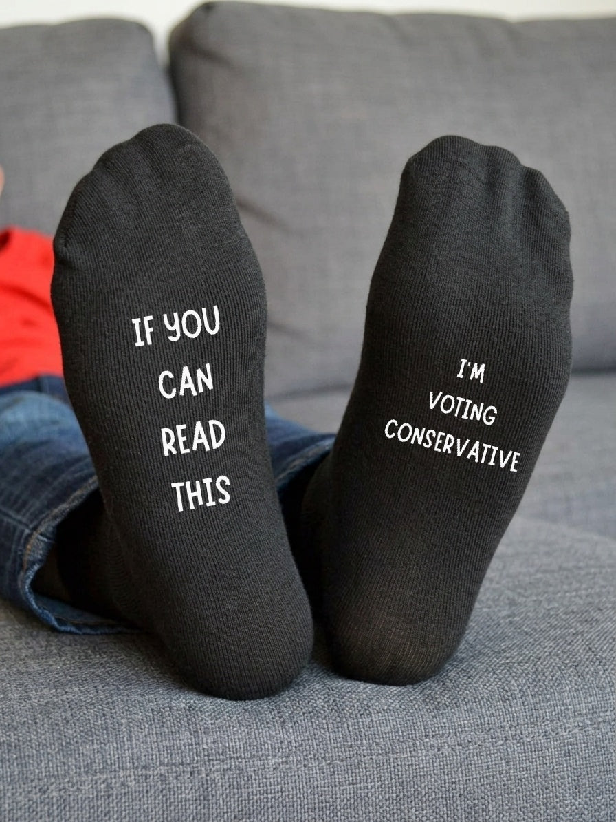 I’m Voting Conservative Socks – Custom Message Novelty Gift – sofa lifestyle view