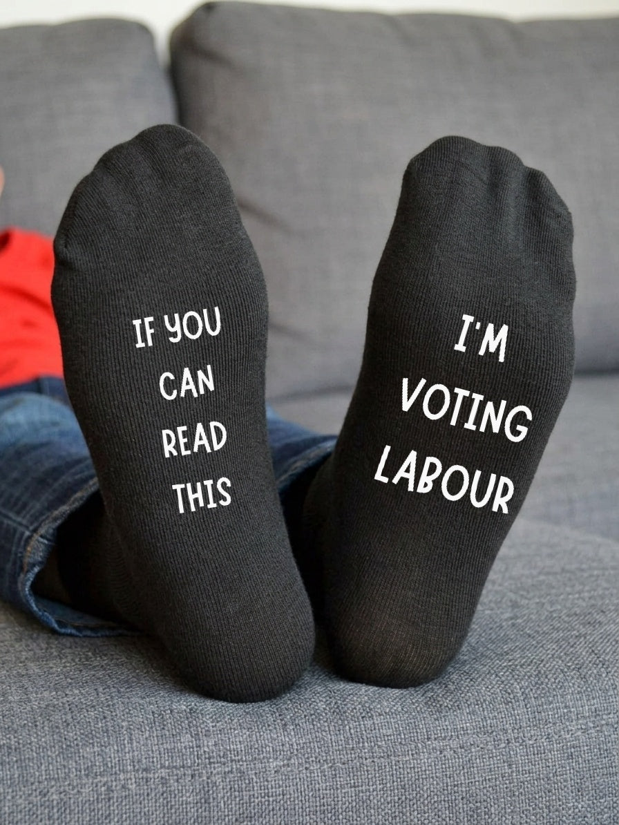 I’m Voting Labour Socks – Custom Message Novelty Gift – sofa lifestyle view