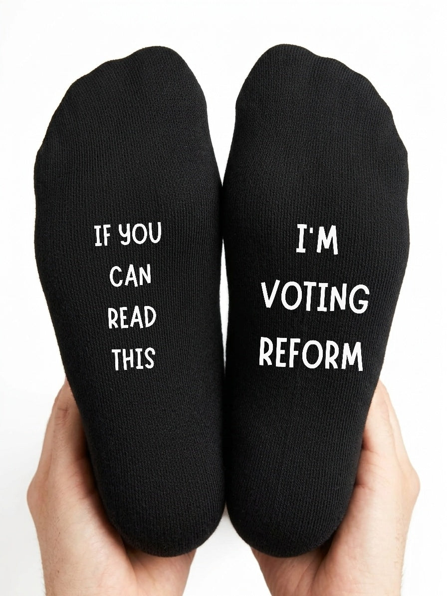 I’m Voting Reform Socks – Custom Message Novelty Gift – close-up of the wording