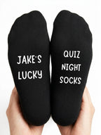 Lucky Quiz Night Socks – Personalised Name Gift – close-up of the wording
