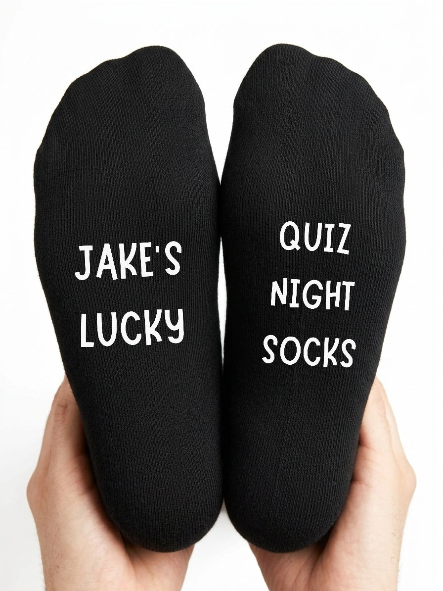 Lucky Quiz Night Socks – Personalised Name Gift – close-up of the wording