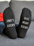 Lucky Quiz Night Socks – Personalised Name Gift – sofa lifestyle view