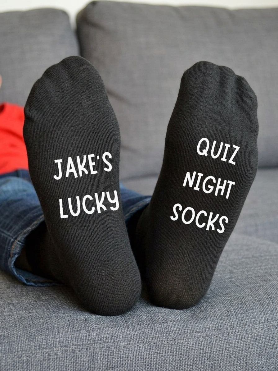 Lucky Quiz Night Socks – Personalised Name Gift – sofa lifestyle view