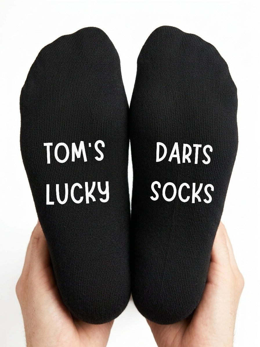Lucky Darts Socks – Personalised Name Gift – close-up of the wording