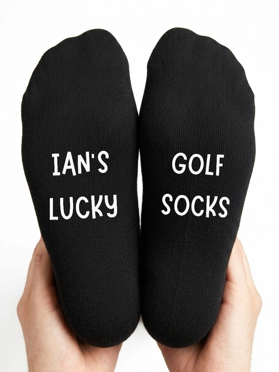 Lucky Golf Socks – Personalised Golfer Gift – close-up of the wording