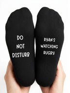 Watching Rugby Socks – Personalised Rugby Fan Gift – close-up of the wording