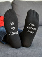 Watching Rugby Socks – Personalised Rugby Fan Gift – sofa lifestyle view