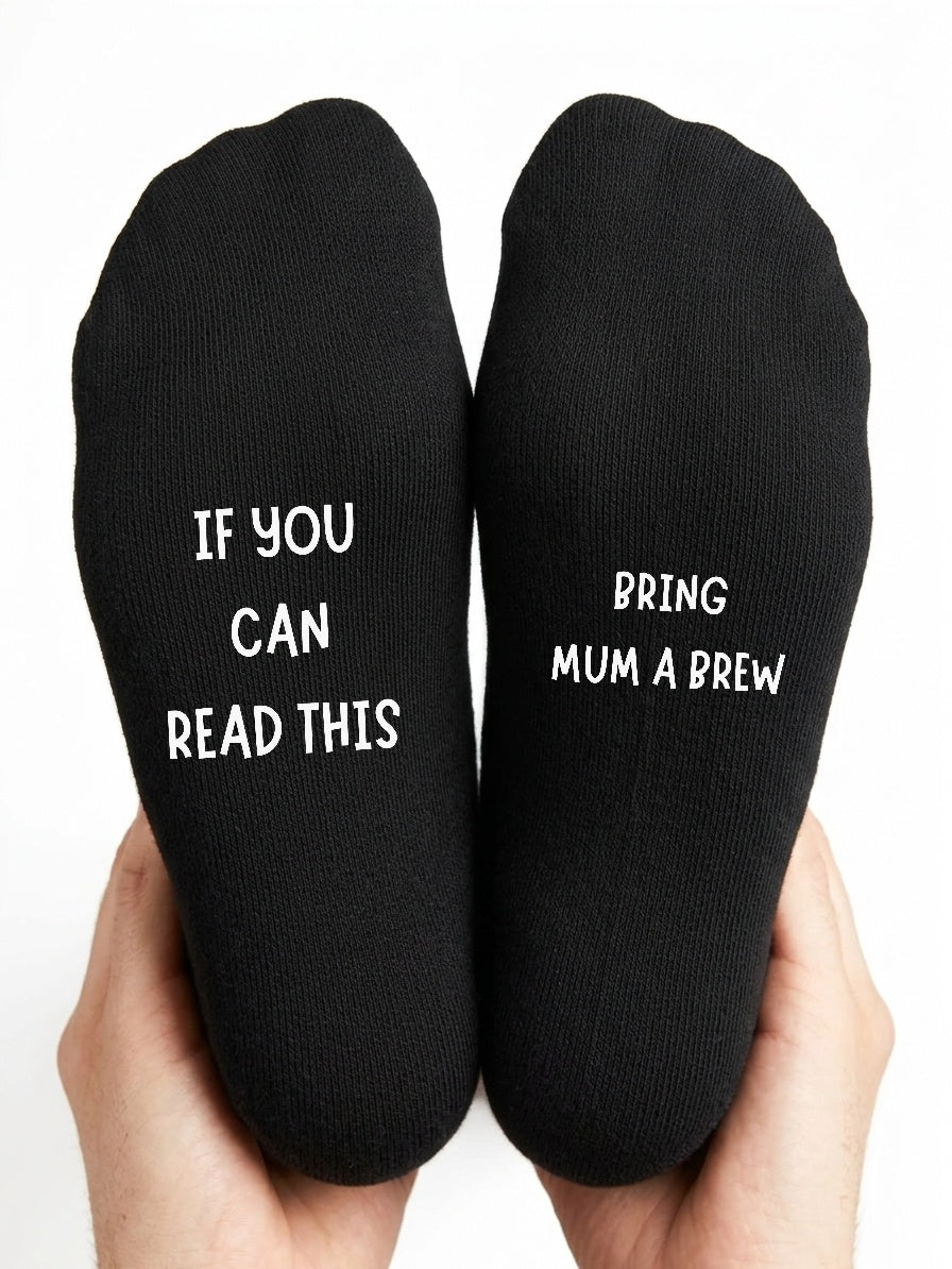 Bring Mum a Brew Socks – Custom Message Gift for Mum – close-up of the wording