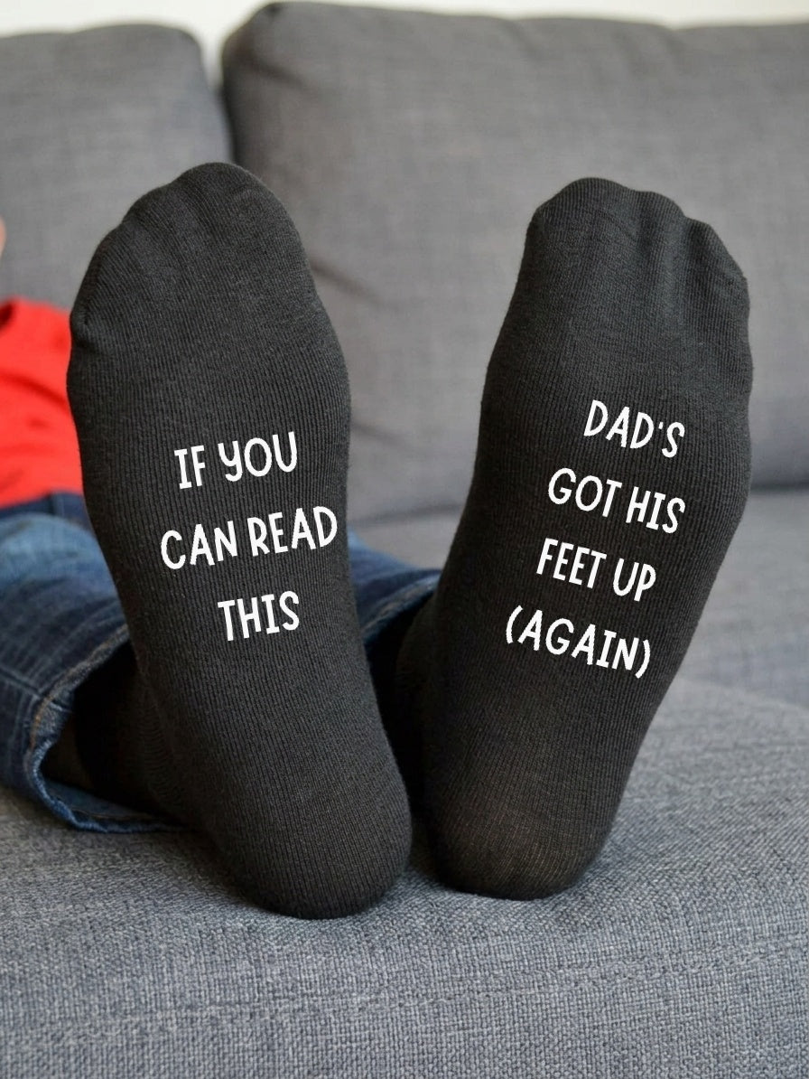Dad’s Got His Feet Up Again Socks – Funny Gift for Dad – sofa lifestyle view