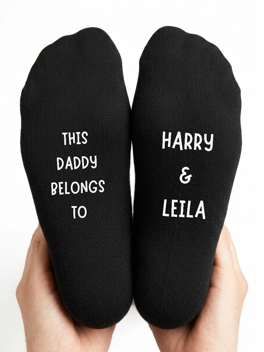 This Daddy Belongs To Socks – Personalised Gift for Dad – close-up of the wording