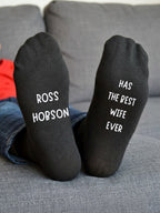 Has the Best Wife Ever Socks – Personalised Husband Gift – sofa lifestyle view