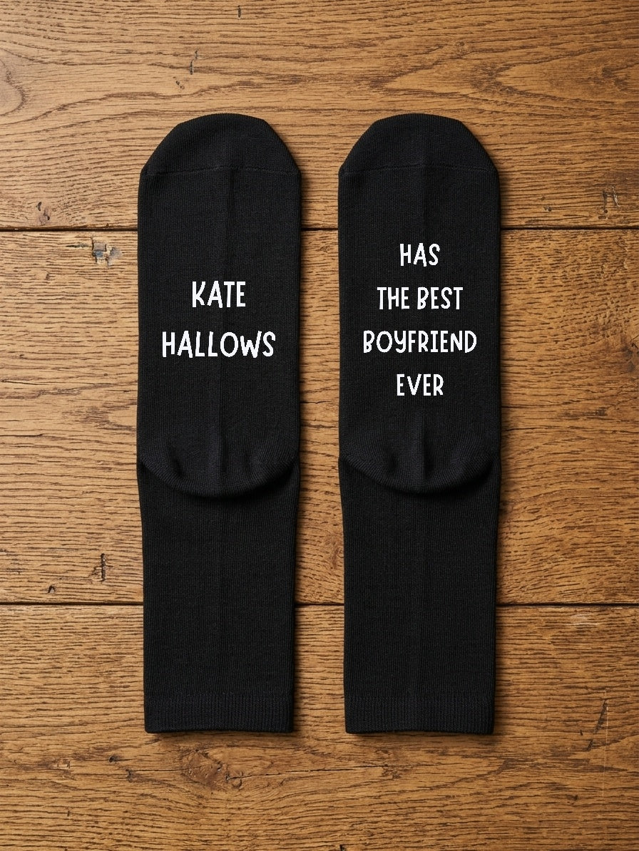 Has the Best Boyfriend Ever Socks – Personalised Name Gift – flat lay