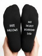 Has the Best Boyfriend Ever Socks – Personalised Name Gift – close-up of the wording