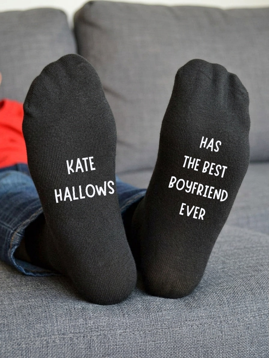 Has the Best Boyfriend Ever Socks – Personalised Name Gift – sofa lifestyle view