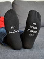 Has the Best Boyfriend Ever Socks – Personalised Name Gift – sofa lifestyle view