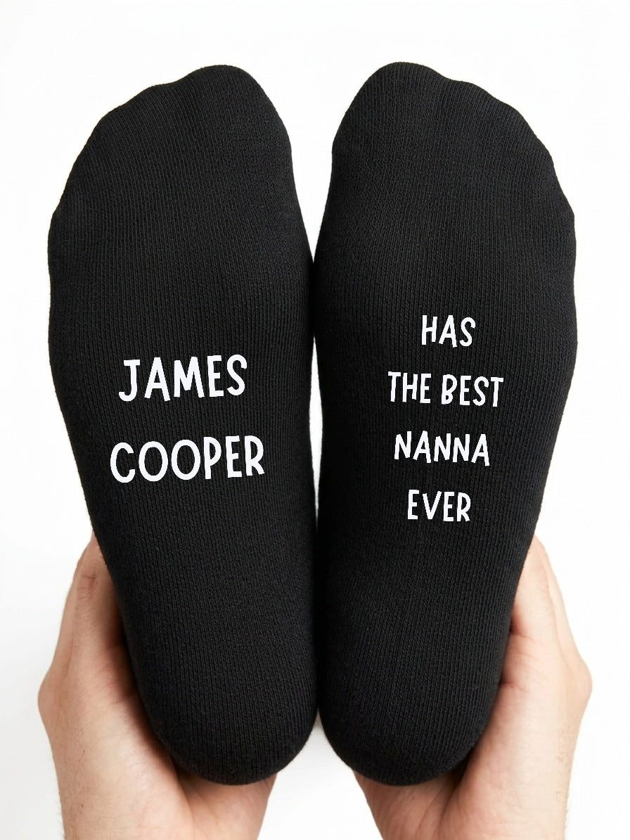 Has the Best Nanna Ever Socks – Personalised Name Gift – close-up of the wording