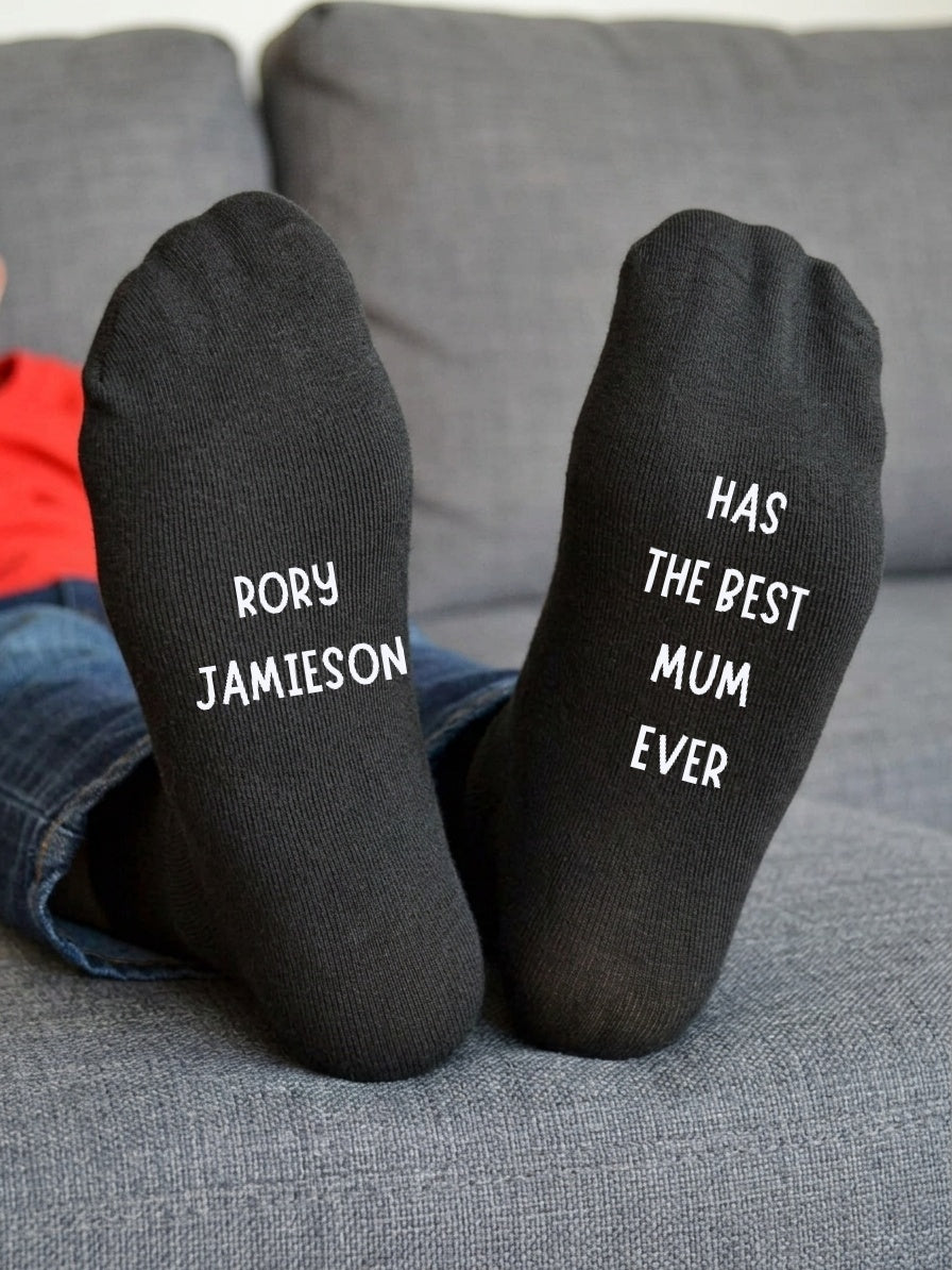 Has the Best Mum Ever Socks – Personalised Name Gift – sofa lifestyle view