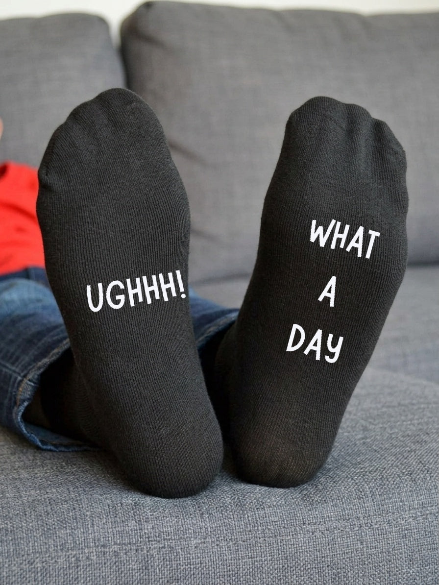 Ughhh What a Day Socks – Funny Custom Message Gift – sofa lifestyle view
