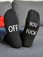 Off You Fuck Socks – Rude Custom Message Gift – sofa lifestyle view