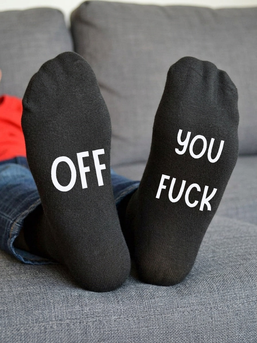 Off You Fuck Socks – Rude Custom Message Gift – sofa lifestyle view
