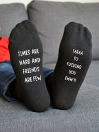 Times Are Hard and Friends Are Few Socks – Rude Gift – sofa lifestyle view